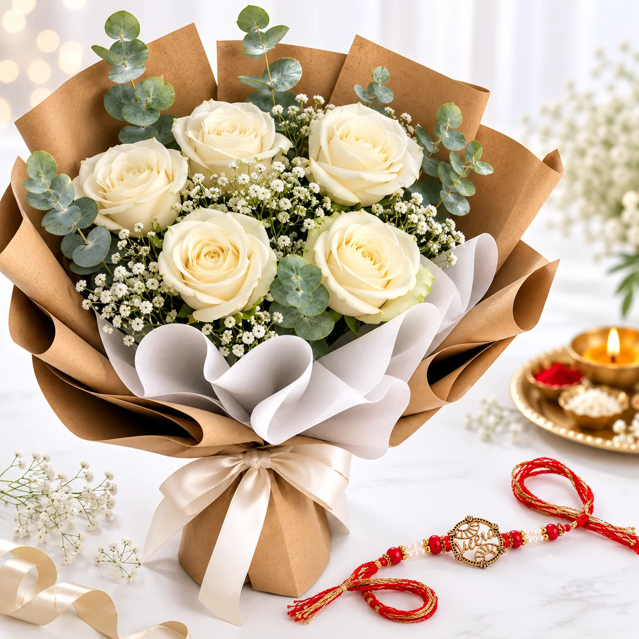 White Rose Rakhi Bouquet featuring five fresh white roses and an elegant designer rakhi for Raksha Bandhan celebrations
